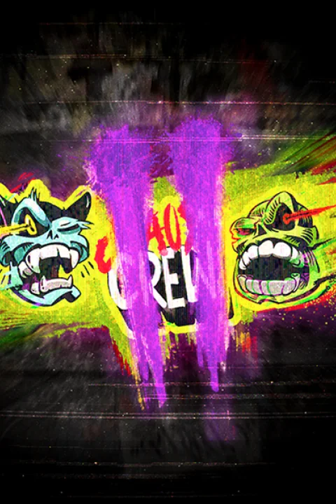 A graffiti-style image featuring two cartoon monster skulls, a blue cat and a green monster, flanking the title 'Chaos Crew' which is partially obscured by purple paint.